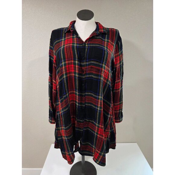Plaid Button-Up Tunic Shirt With Pockets Womens Size 1X Black Red Green Long Sle - Picture 1 of 5